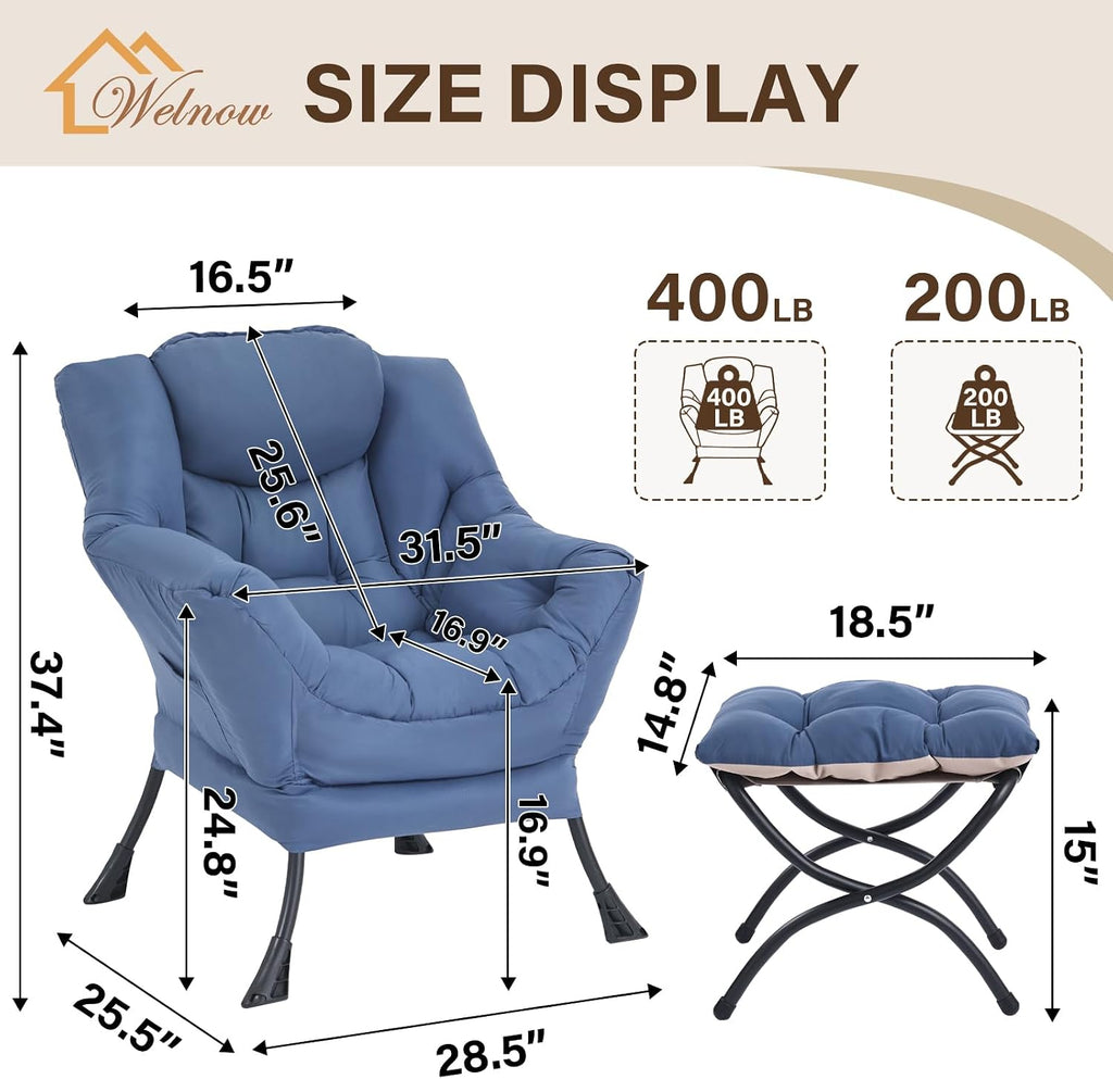 Welnow Lazy Chair with Ottoman, Modern Accent Chair with Armrests and a Side Pocket, Leisure Sofa Armchair, Reading Armchair with Footrest for Small Space, Royal Blue