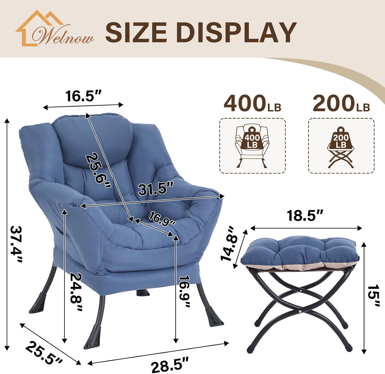 Welnow Lazy Chair with Ottoman, Modern Accent Chair with Armrests and a Side Pocket, Leisure Sofa Armchair, Reading Armchair with Footrest for Small Space, Royal Blue