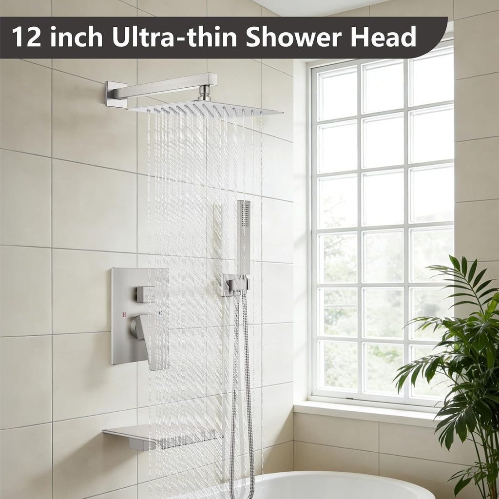 Midanya Shower System with Tub Spout,Bathtub Shower Faucet Set with Square Rainfall Head and Handheld Sprayer Wall Mount Tub Faucet Set with Valve and Trim Kit,12 Inch Brushed Nickel