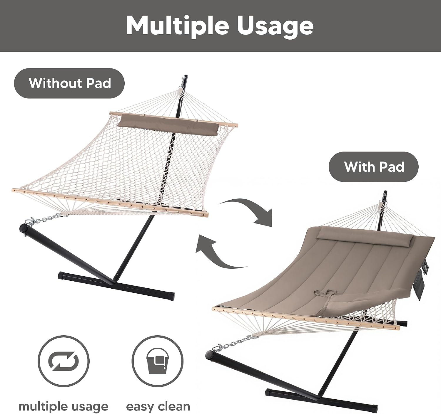 SUNCREAT Hammocks Two Person Hammock with 12ft Stand Included, Max 475lbs Capacity, Heavy Duty Free Standing Hammock, Coffee