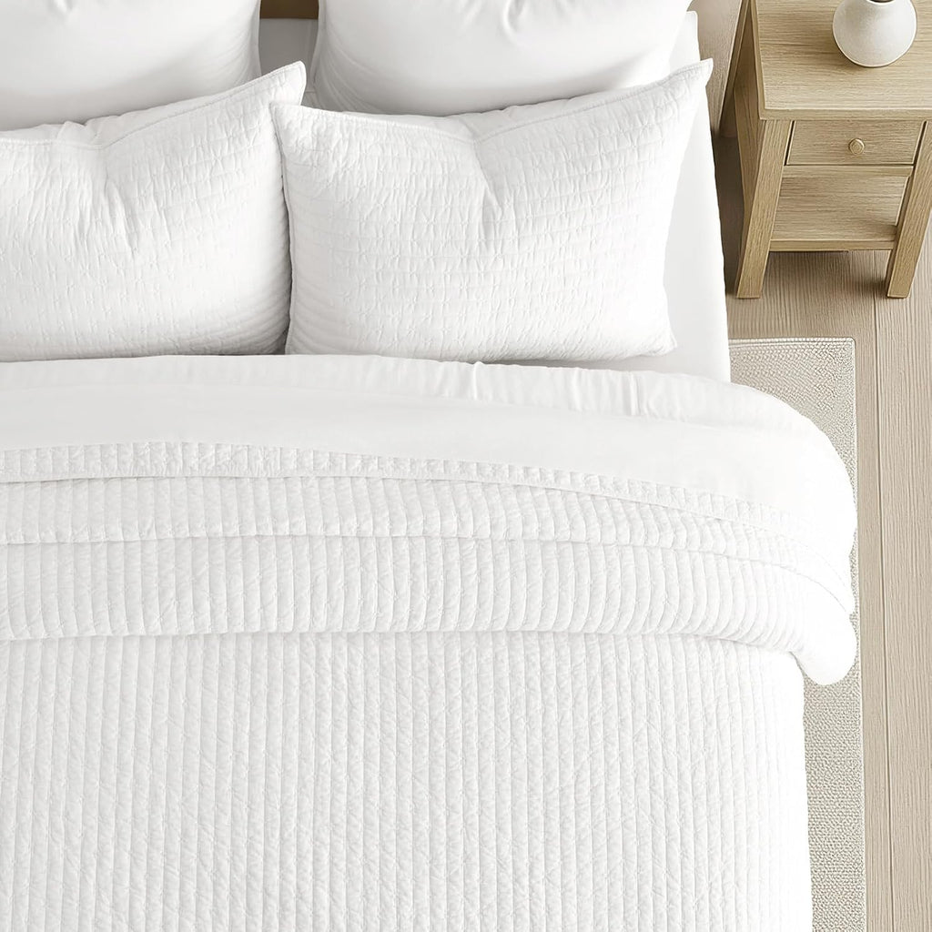 EVERGRACEHOME Cross Stitch Pre-Washed Cotton Quilt Bedding Set King Size, Oversized 3 Pieces Lightweight Bedspread Coverlet for All Season, with 2 Matching Shams, Bright White,108'x96'