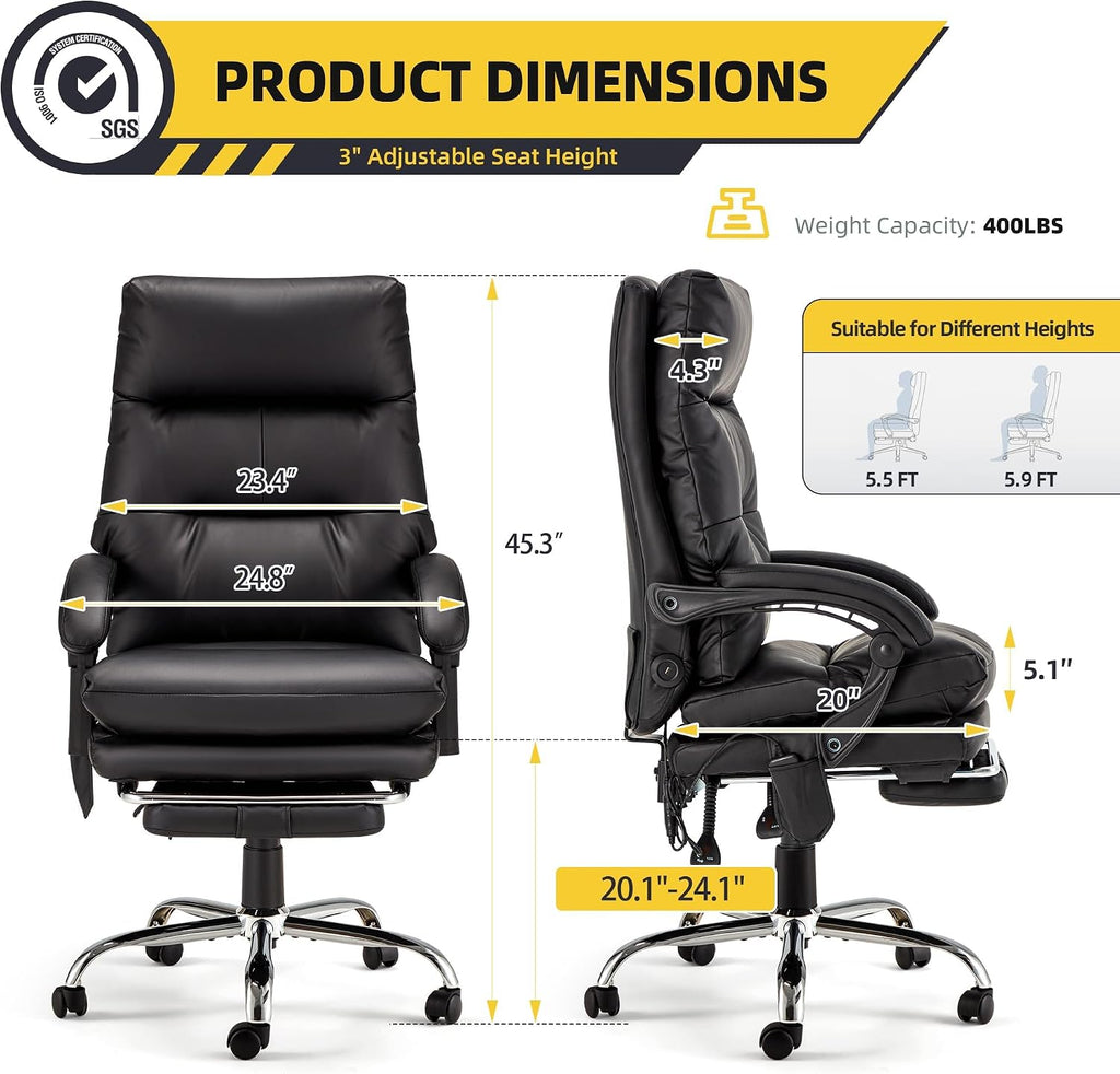 HOMREST Ergonomic Heated Reclining Office Chair with USB Charging, 4-Point Vibration Massage, Adjustable Armrests, and Footrest Premium Leather Desk Chair for Home and Office - Black
