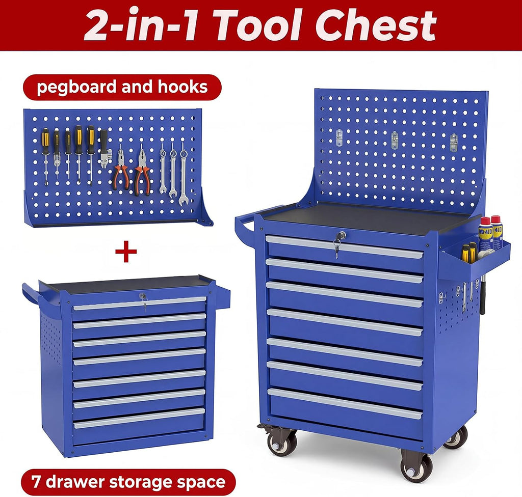 Rolling Tool Chest with Wheels, 7 Drawers Tool Storage Cabinet, Portable Metal Tool Box Organizer with Lock, Tool Cart on Wheels Toolbox Workbench for Garage, Workshop, Warehouse(Required Assembly)