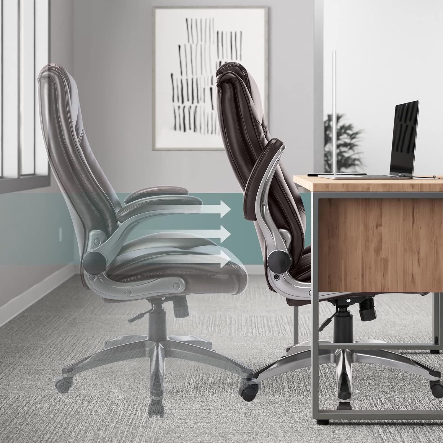 COLAMY Leather Executive Office Chair - High Back Home Computer Desk Chair with Padded Flip-up Arms, Adjustable Tilt Lock, Swivel Rolling Ergonomic Chair for Adult Working Study, Brown