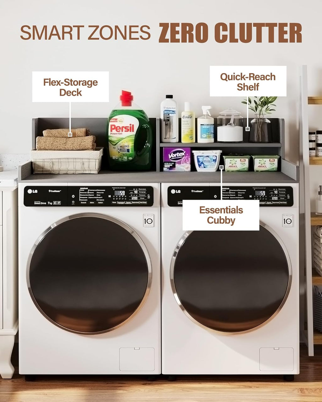 Premium HDPE Washer Dryer countertop with Shelf 54'x27.5' – Waterproof Washer Dryer Topper for Laundry Room Organization, Washer Dryer Countertop for Folding Clothes, Sorting & Storage， Grey