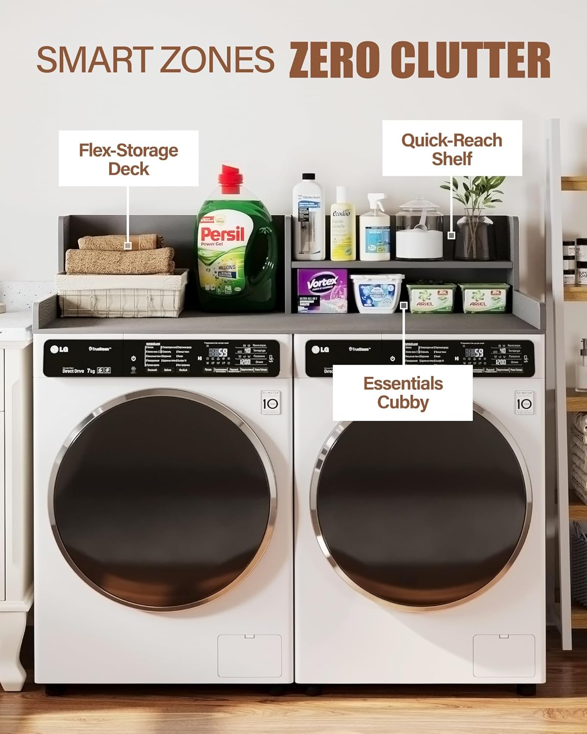 Premium HDPE Washer Dryer countertop with Shelf 54'x27.5' – Waterproof Washer Dryer Topper for Laundry Room Organization, Washer Dryer Countertop for Folding Clothes, Sorting & Storage， Grey