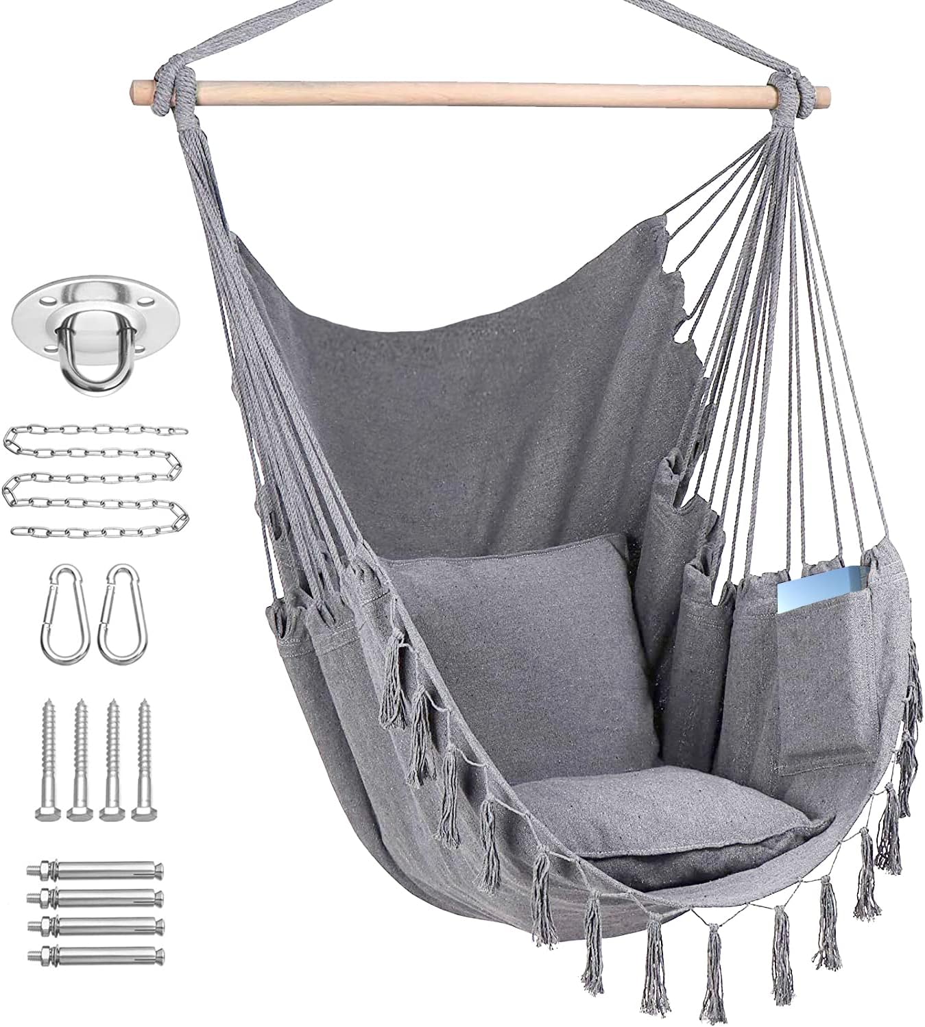 ZLX Hammock Chair Hanging Rope Swing with Hardware Kit and 2 Cushions, Handmade Macrame Hanging Chair for Bedroom Patio Yard Garden, Max 330 Lbs, Grey