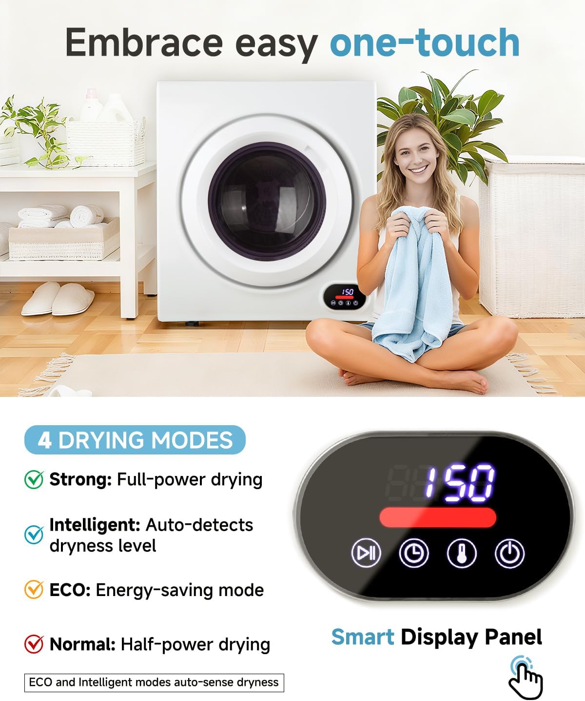 Feelfunn 3.5 Cu.Ft Portable Clothes Dryer - 1500W Clothes Dryer with Stainless Steel Tub, Front Load Tumble, LCD Touch Panel - Compact Drying Unit for Laundry, Apartments, Dorms