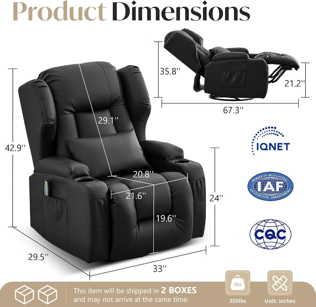 Power Swivel Rocker Recliner Chair for Adults, Dual-Motor Power Recliner with Independent Back & Footrest, Massage & Heat, 3-Sided Lights, USB, Cup Holder, Glider Rocking Chair for Living Room, Black