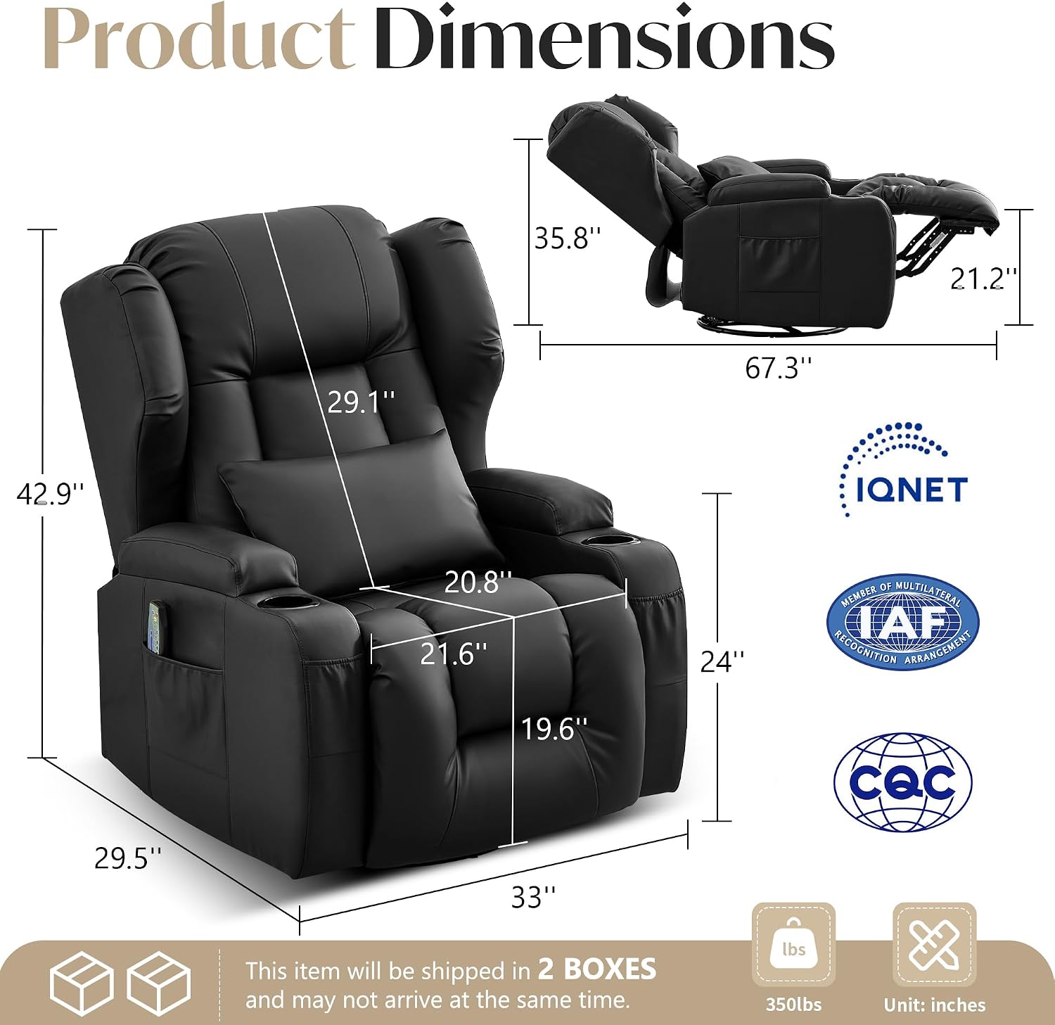 Power Swivel Rocker Recliner Chair for Adults, Dual-Motor Power Recliner with Independent Back & Footrest, Massage & Heat, 3-Sided Lights, USB, Cup Holder, Glider Rocking Chair for Living Room, Black