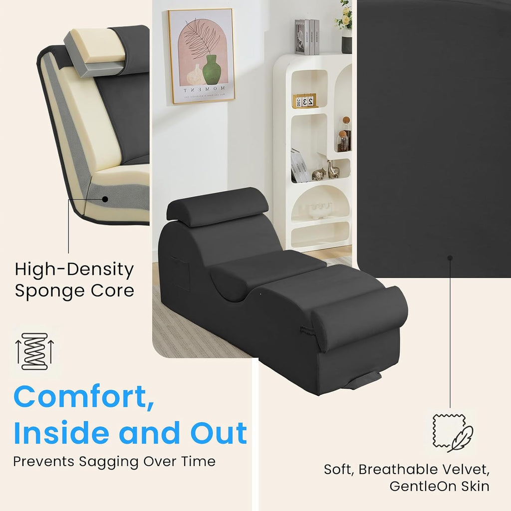 ijuicy 25 Inch Yoga Stretch Chair, Velvet Household Fitness Training Chair, Indoor Relaxation Recliner with Headrest & Adjustable Footrest, Dark Grey