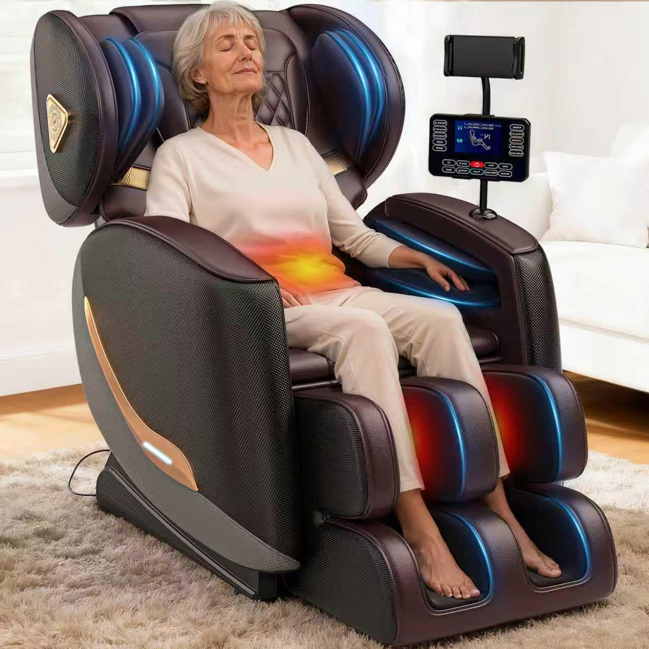 Massage Chair Full Body and Recliner, Zero Gravity Massage Chairs, 10 Fix Rollers, Airbags, Heating, Foot Massage, Auto Modes, Bluetooth Speaker and Touch Control Screen for Home and Office (Brown)