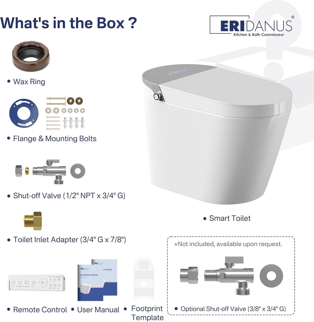 Smart Toilet, Eridanus One Piece Bidet Toilet for Bathroom, Toilet with Heated Bidet Seat, Adjustable Warm Water Wash & Dryer, Foot Sensor Flush, Tankless Toilet with LED Display, White & Gray