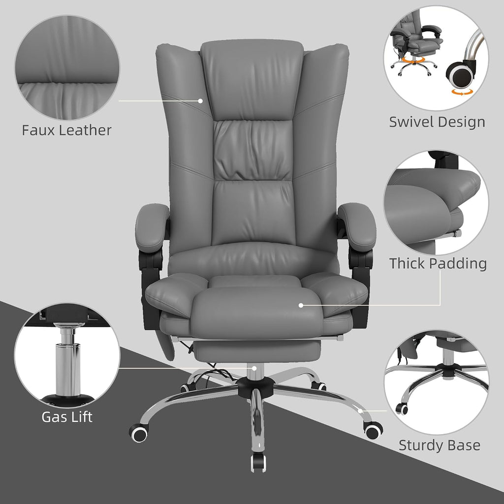 Vinsetto Executive Massage Office Chair with 4 Vibration and Heat, 3 Modes, PU Leather Swivel Chair with Adjustable Height, Reclining Back, and Footrest, Gray