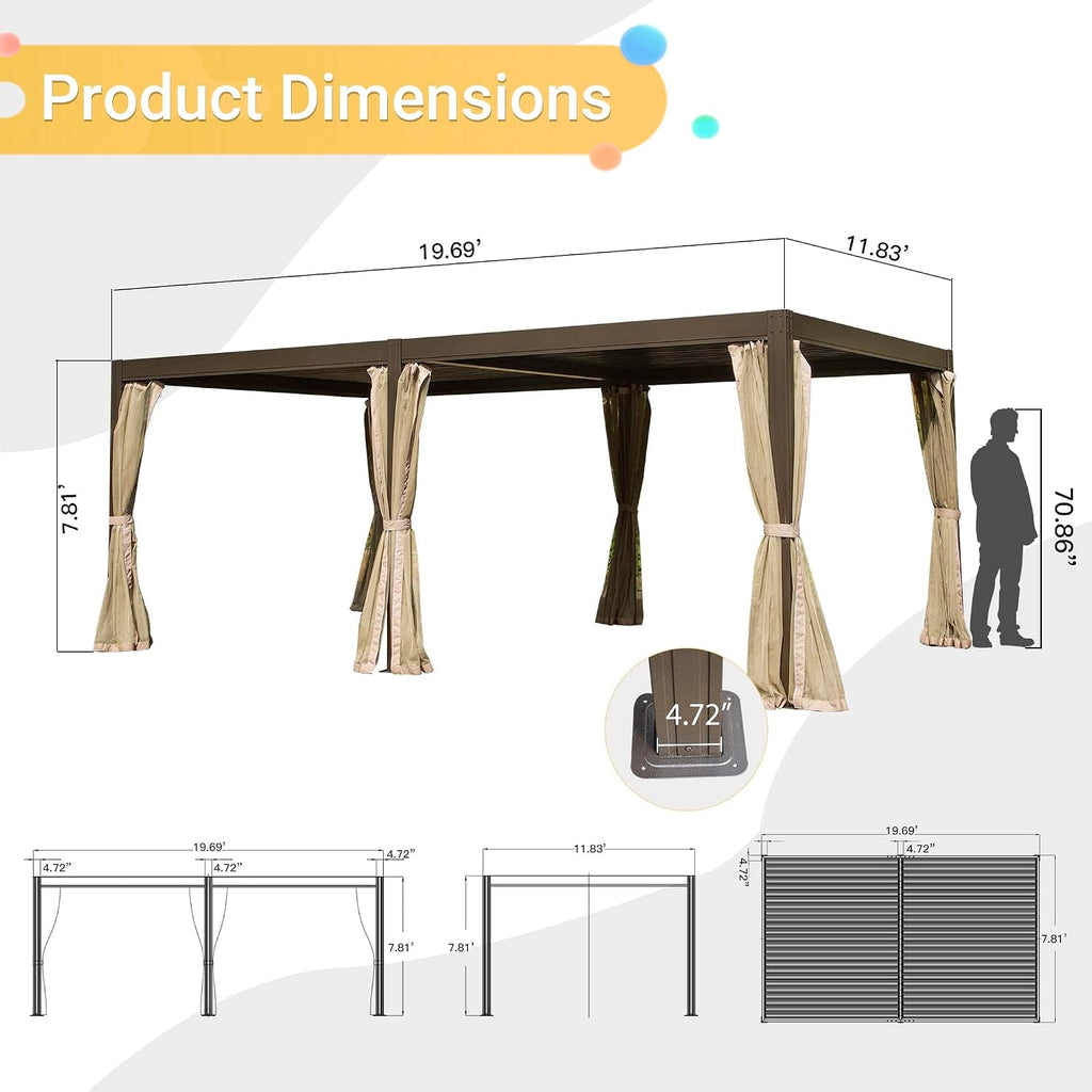 Domi Outdoor Pergola 12' x 20' Aluminum Louvered Pergola with Adjustable Roof and Mosquito Netting for Patio, Backyard, Deck, Garden, Brown