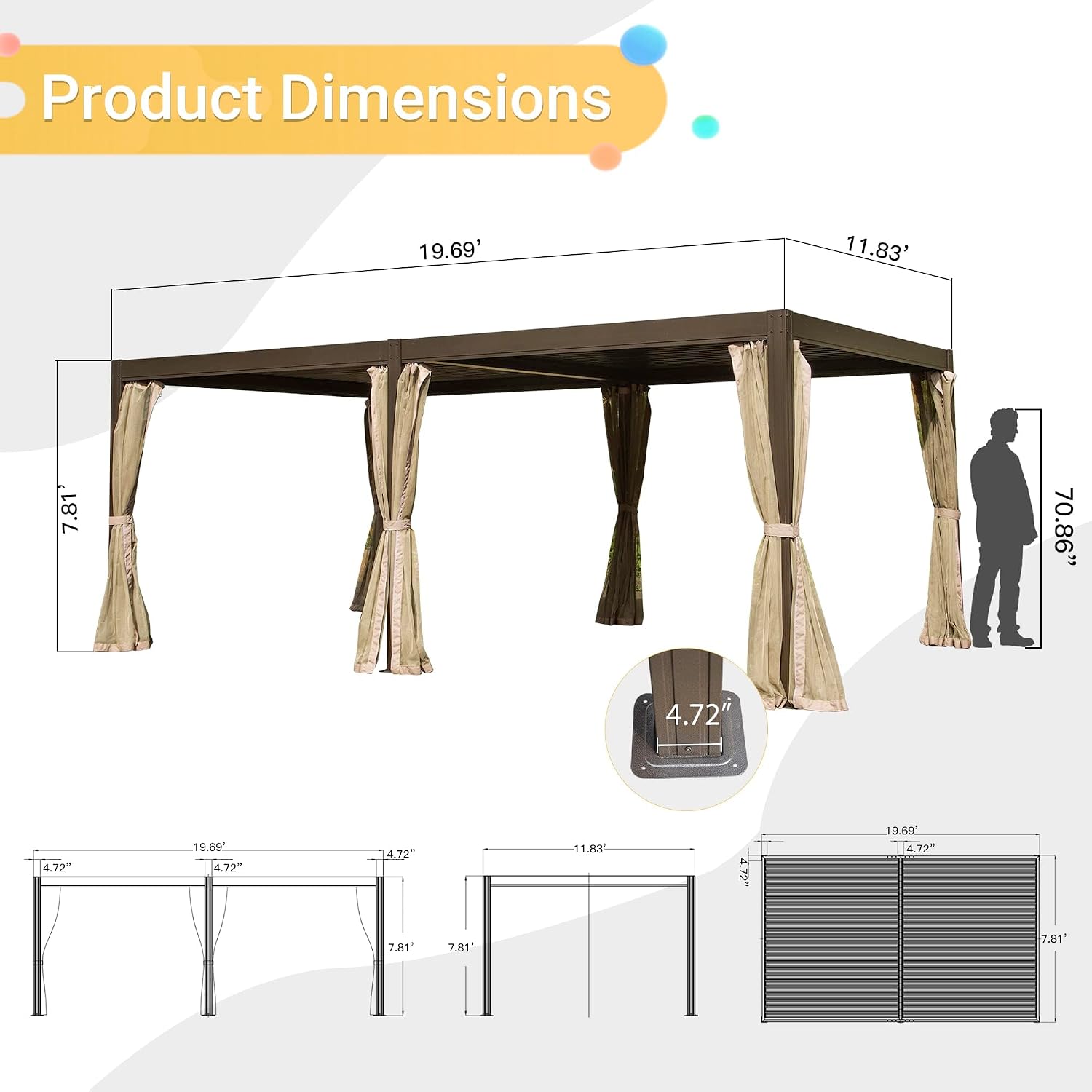 Domi Outdoor Pergola 12' x 20' Aluminum Louvered Pergola with Adjustable Roof and Mosquito Netting for Patio, Backyard, Deck, Garden, Brown