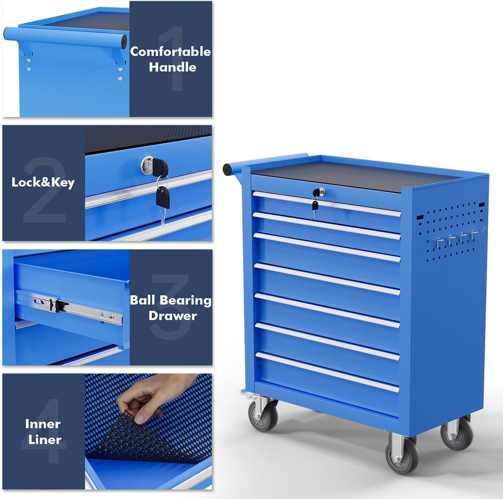 7-Drawer Tool Chest,Rolling Tool Cart with Wheels,High Capacity Tool Cabinet with Locking System for Garage, Warehouse, Workshop-Blue
