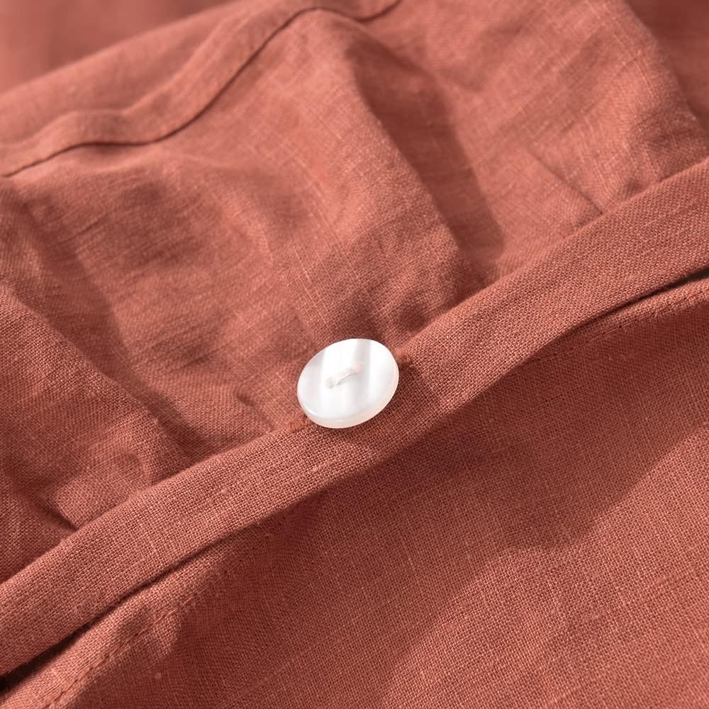 meadow park 100% Stone Washed Linen Duvet Cover Set 3 Pieces, King Size 104 inches x 92 inches, Sham 20 inches x 36 inches, Ruffled Style, Button Closure, Corner Ties, Super Soft, Cayenne Color