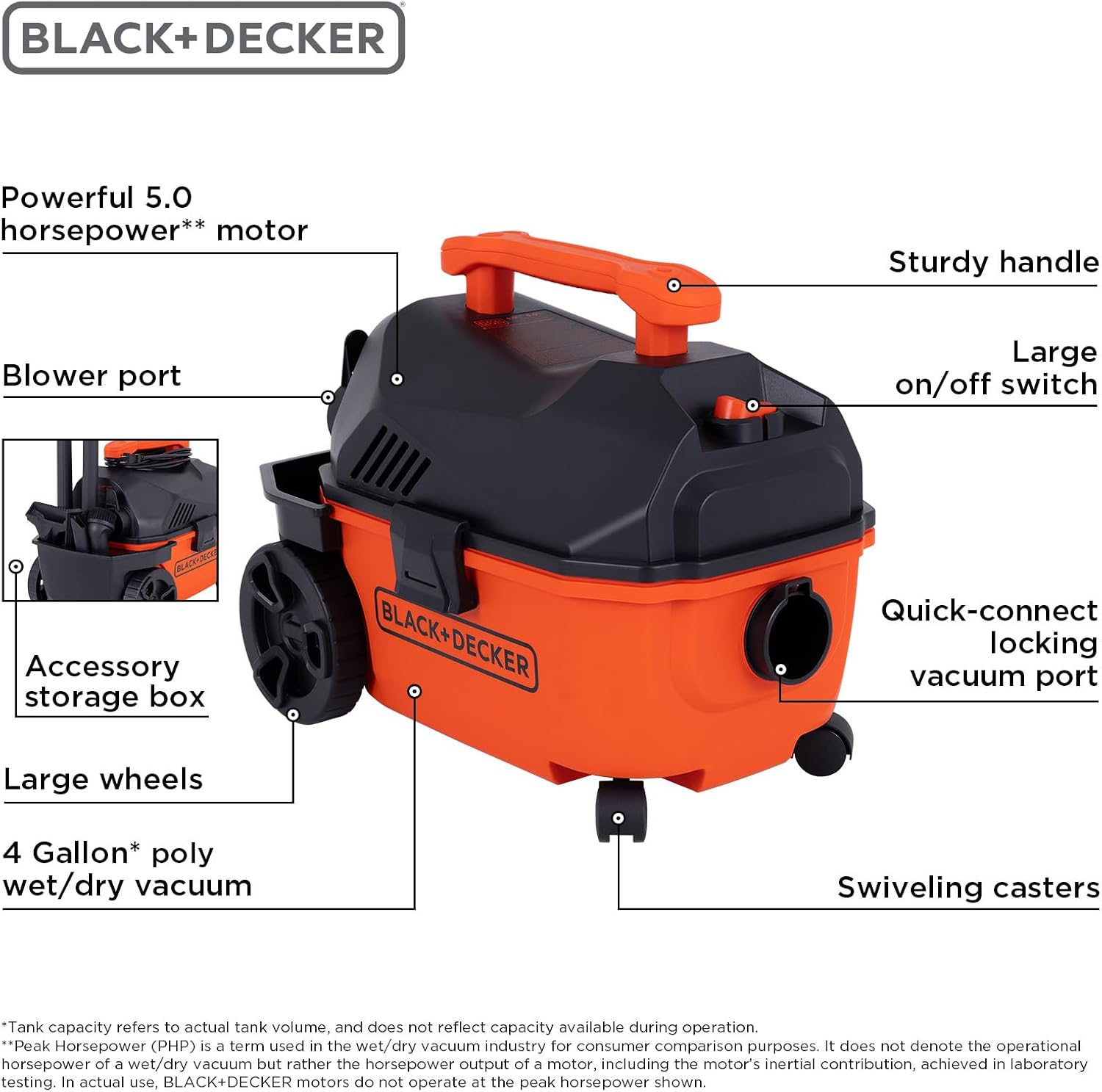 BLACK+DECKER Shop Vacuum Wet and Dry, 4 Gallon 5.0 Peak HP Wet/Dry Vacuum, Quiet Operation with Muffler, Long Reach Cleaning Range & On-Board Storage, Complete Accessory Set, BDXV18905P-4