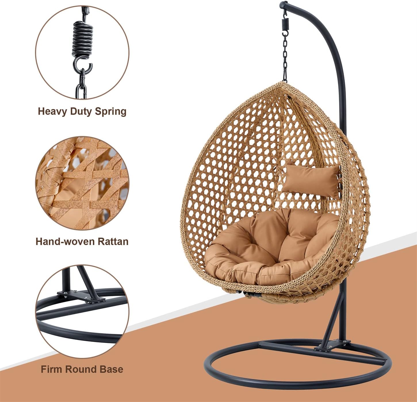 LKTART Egg Swing Chair with Stand Rattan Hanging Egg Chair with Cushions and Pillow Relaxing Chair Foldable Basket & Metal Stand Indoors or Outside