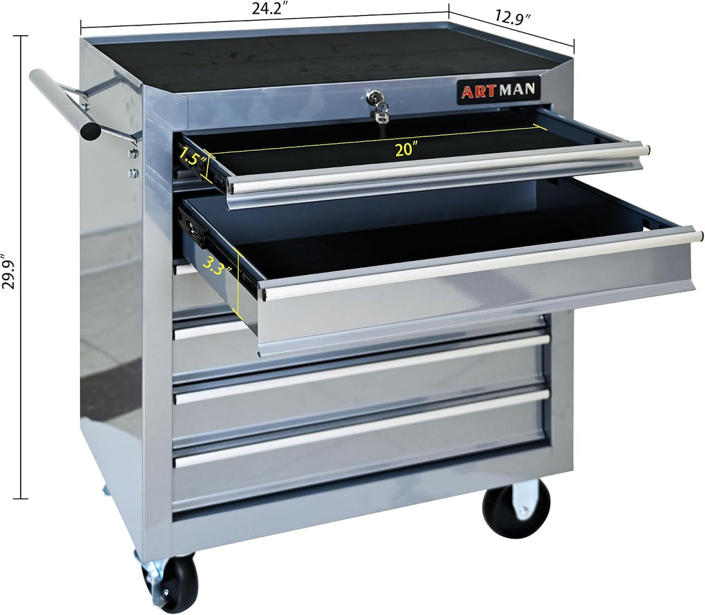7 Drawer Tool Cart: Multifunctional US General Tool Box on Wheels and Rolling Toolbox (Sliver)