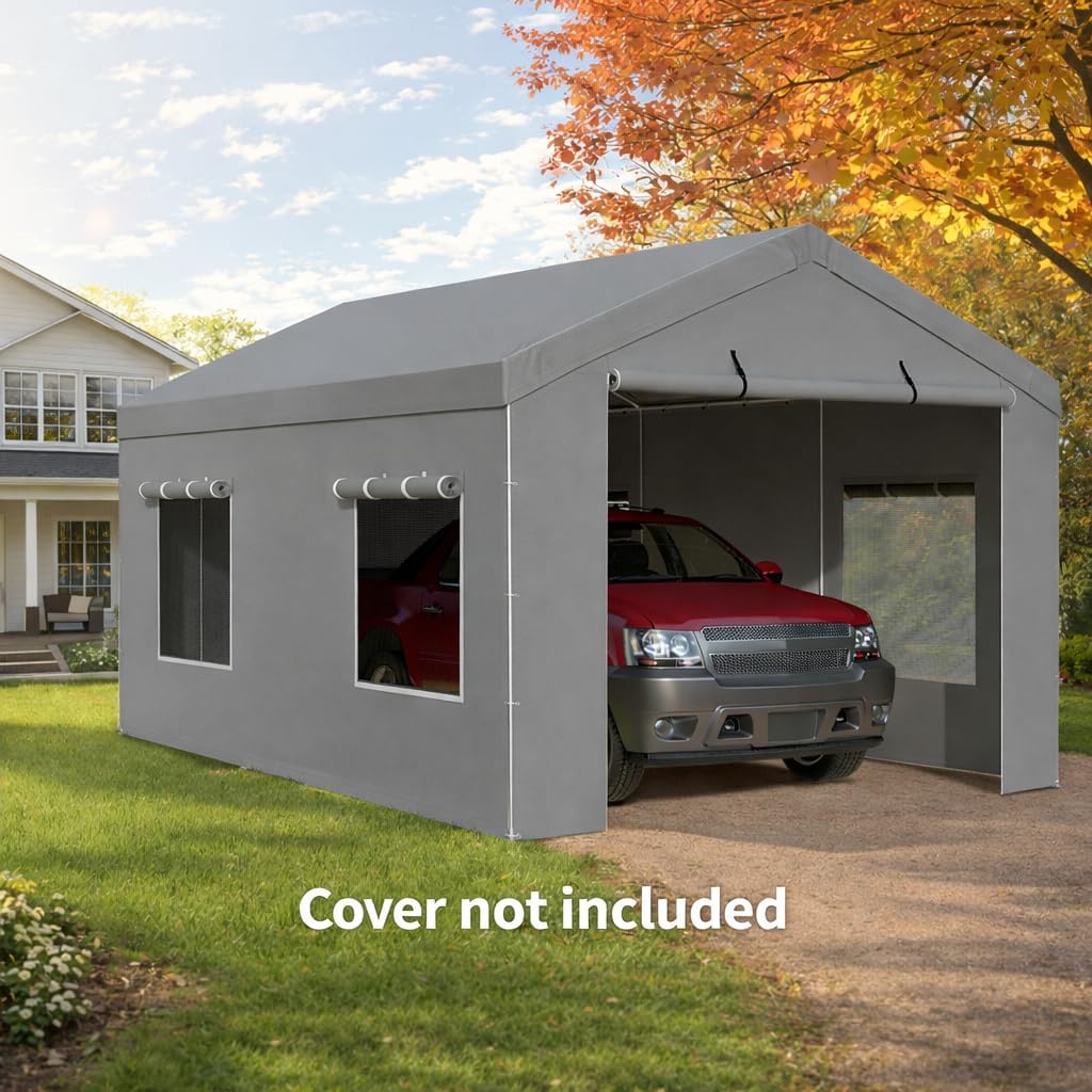 2 Pack Carport Canopy Replacement Sidewalls with Roll-up Windows, 2 Pack Zipper Doors for 12x20FT, Waterproof & UV Protected, Easy Assembly with Ball Bungees, Grey (Frame and Top Cover Not Included)