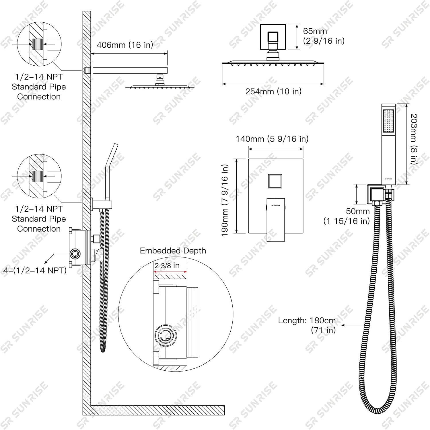 SR SUN RISE ORB Square Rainfall Shower Head and Handle Set, Wall Mounted Shower Fixtures, Metal Shower Faucet Trim Repair Kits (With Shower Valve) 10 Inches