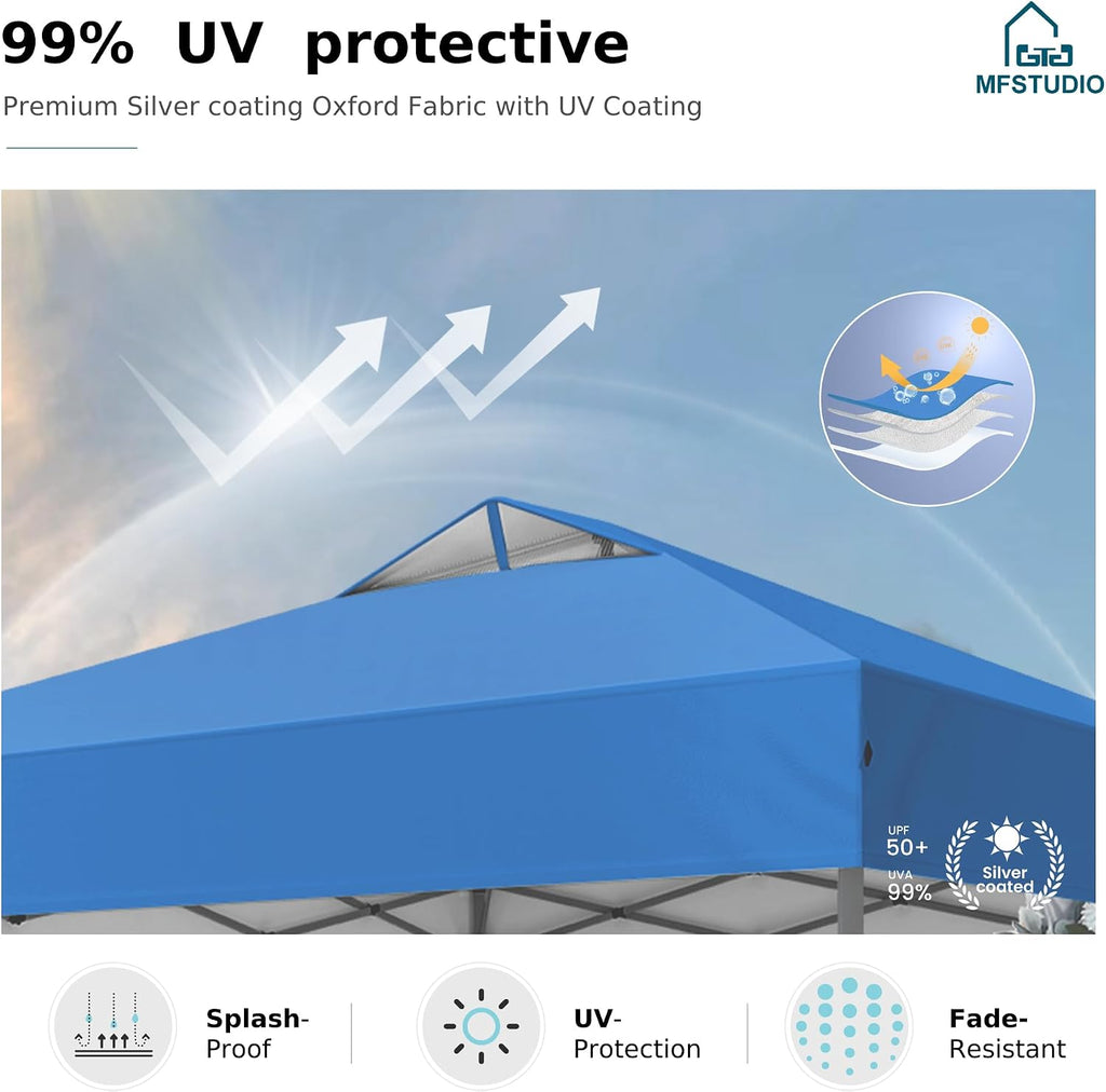 MFSTUDIO Pop Up Canopy Tent, 10x10 Canopies Outdoor One Person Push Set Up Tent Instant Portable Shelter Tents with Vented Top, Storage, 4 Sandbags, Beach Canopy,Blue