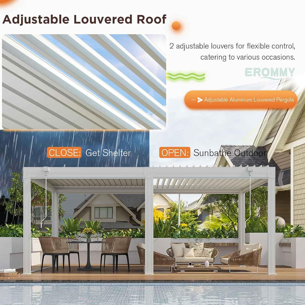 EROMMY 10x20 Louvered Pergola with Side Pull-Down Screen, Outdoor Aluminum Pergola with Thickened Frame and Adjustable Metal Rainproof Roof for Deck Patio Garden Yard, White