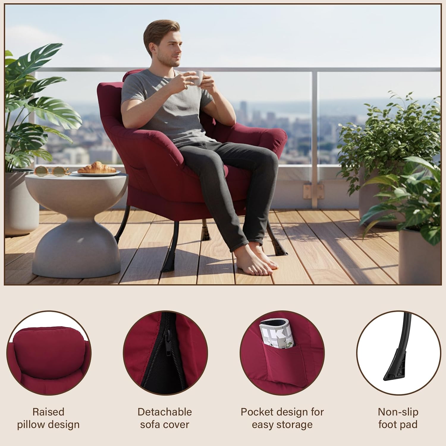 Welnow Lazy Chair for Living Room, Modern Reading Accent Chair with Armrests and a Side Pocket, Leisure Upholstered Lazy Sofa for Small Space, Bedroom, Dorm, Burgundy