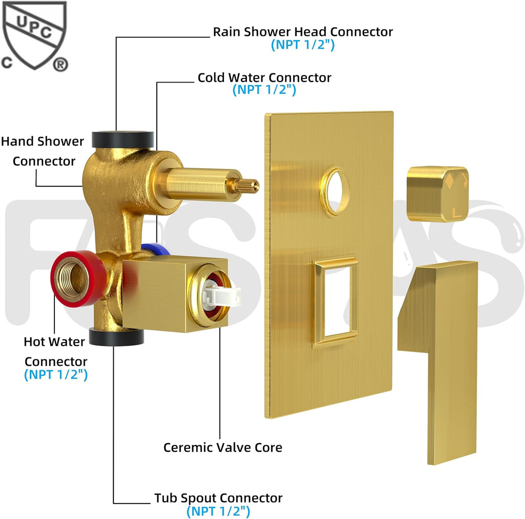 Ceiling Mount Shower System with Tub Spout, 10-Inch High-Pressure Rain Showerhead and Handheld Combo, Brushed Gold Shower Faucet Set with Rough-in Valve and Trim Kit, All-Metal