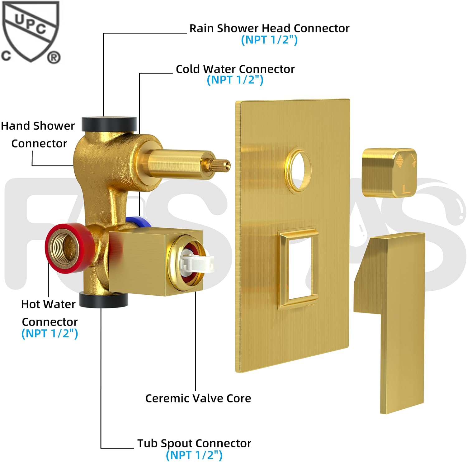 Ceiling Mount Shower System with Tub Spout, 10-Inch High-Pressure Rain Showerhead and Handheld Combo, Brushed Gold Shower Faucet Set with Rough-in Valve and Trim Kit, All-Metal