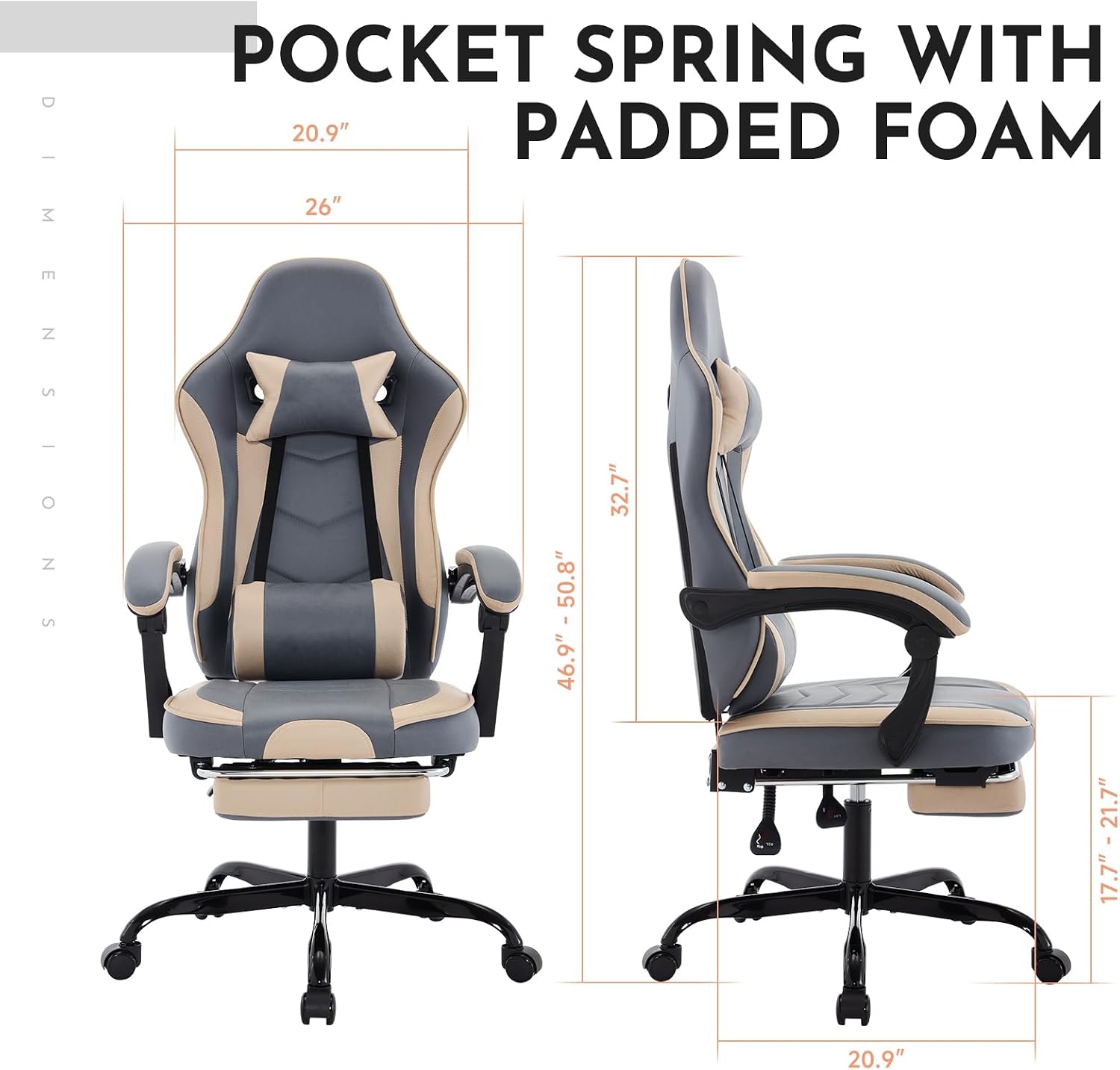 Gaming Chair with Massage and Footrest, Ergonomic High Back PC Racing Chair, 300LBS Capacity with Adjustable Lumbar Support & Headrest for Office and Desk (Model E, Beige+Blue)