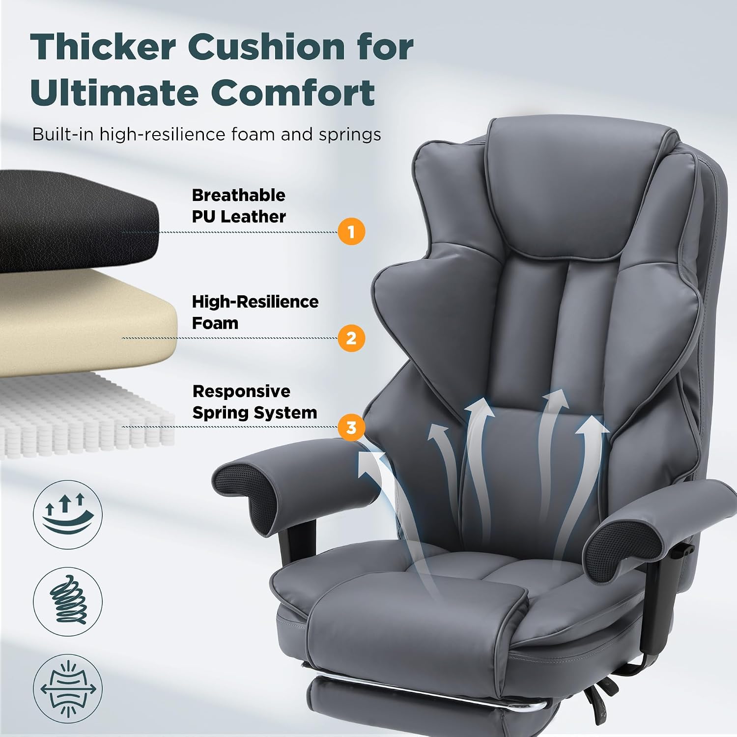 HOMREST Grey Ergonomic Office Chair with 6-Point Vibration Massage & Heat – Reclining Executive Chair with Adjustable Footrest and Armrests, PU Leather Big and Tall Home Office Desk Chair