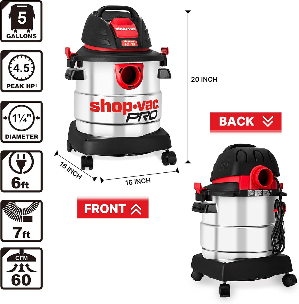 Shop-Vac 5 Gallon 4.5 Peak HP Wet/Dry Vacuum, Stainless Steel Tank, Portable Shop Vacuum with Filter, Hose and Accessories for Garage, Workshop. 5920588