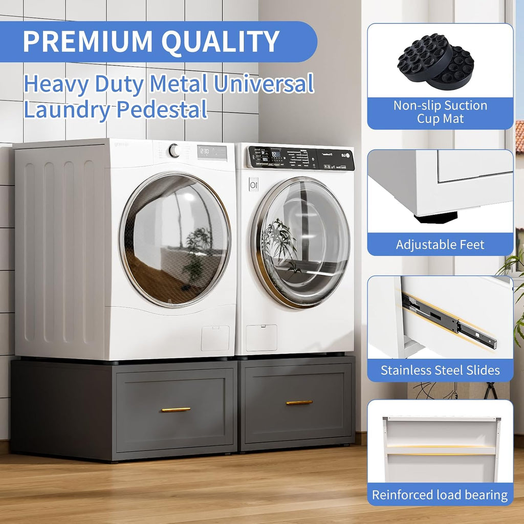 Heavy Duty Metal Washer Dryer Pedestal, 28' W Washer Pedestal with Drawer, 440LBS Universal Laundry Pedestal, Washing Machine Stand with Adjustable Feet, 16'' Height (1pack-Black)