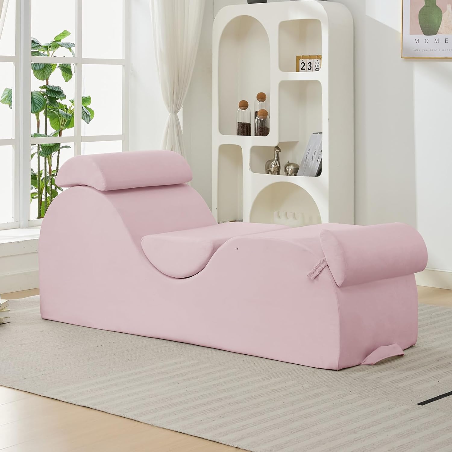 Ijuicy 25 Inch Yoga Stretching Recliner Chair, Soft Velvet Household Workout Training Chair, Indoor Leisure Lounge Chair with Headrest and Movable Footrest for Body Stretching & Daily Relaxation, Pink