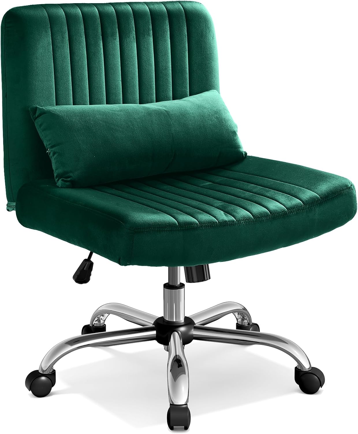 Warmiehomy Velvet Criss Cross Office Chair with Wheels, Luxury Cross Legged Desk Chair for Bedroom, Armless Wide Seat Computer Chair, Modern Vanity Chair, Gift for Teens & Girlfriend, Emerald Green