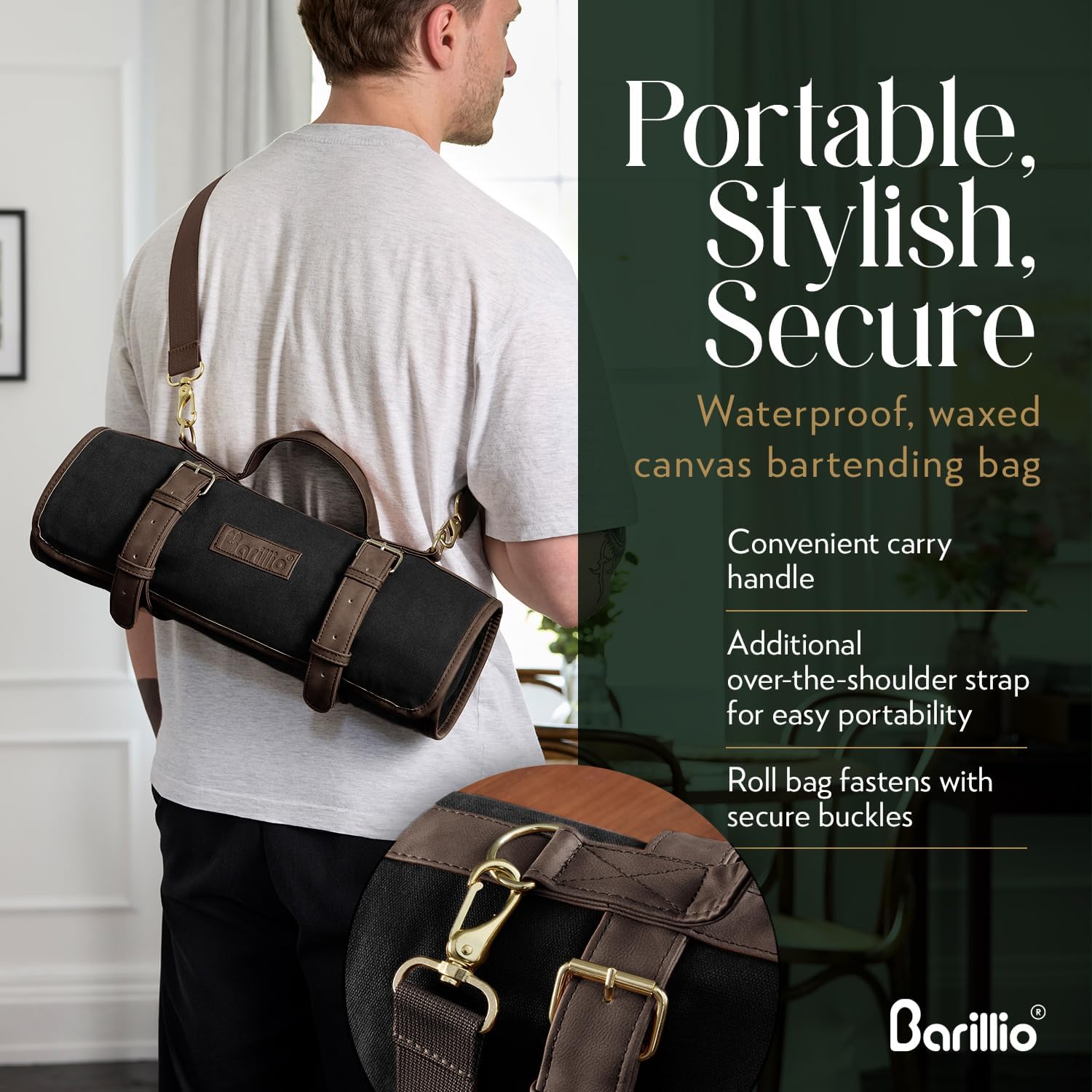 Barillio Bartender Kit Bag with Cocktail Shaker Set - Waxed Canvas, Traveling Bar Tools Bag with 17-Pc Cocktail Kit - Travel Mixology Bartending Kits - Mobile Bar Roll with Strap & Accessories