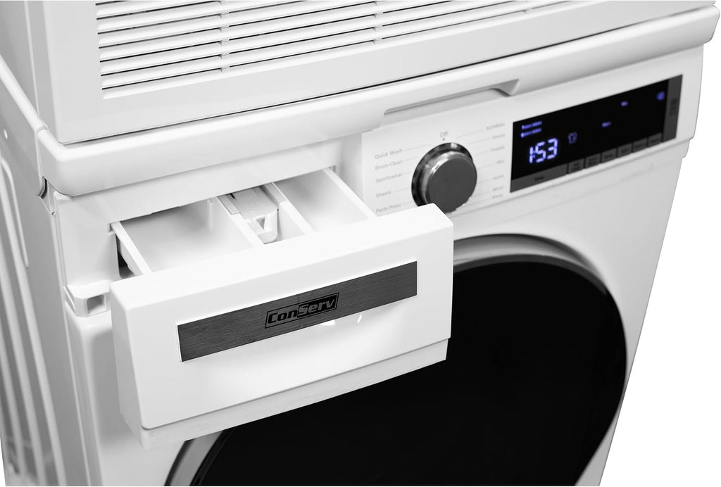 Conserv Front Load Washer & Condensing Dryer, 2.2 cu ft Washer (110V) + 4 cu ft Dryer (220/240V), ENERGY STAR, 15 Cycles, Stainless Steel Drum, LED Display, Compact Laundry Pair (White +Stacking Kit)