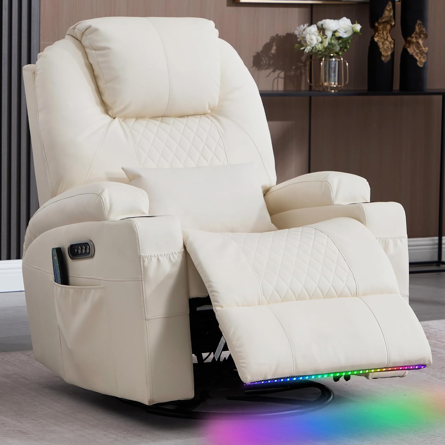 Dual Motor Power Swivel Rocker Recliner Chair with Heat and Massage,Electric Glider Rocking Chairs for Nursery,Theater Seating with LED Lights, USB A/USB C Ports for Living Room (1, Beige)