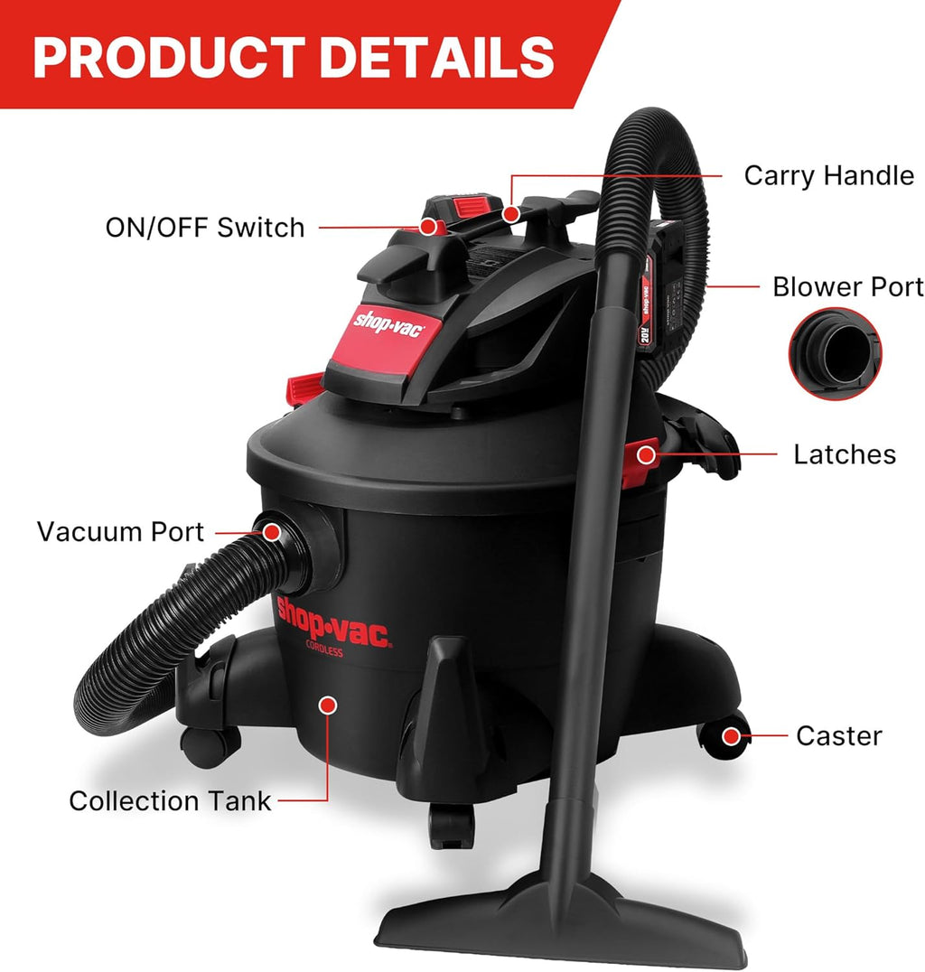 Shop-Vac 5430030 6 Gallon Cordless Wet/Dry Vac, 8.0 Peak Kpa, 1.5 Inch Diameter x 7 Foot Hose, Portable Design for Easy Cleanup in Home, Garage, and Vehicle