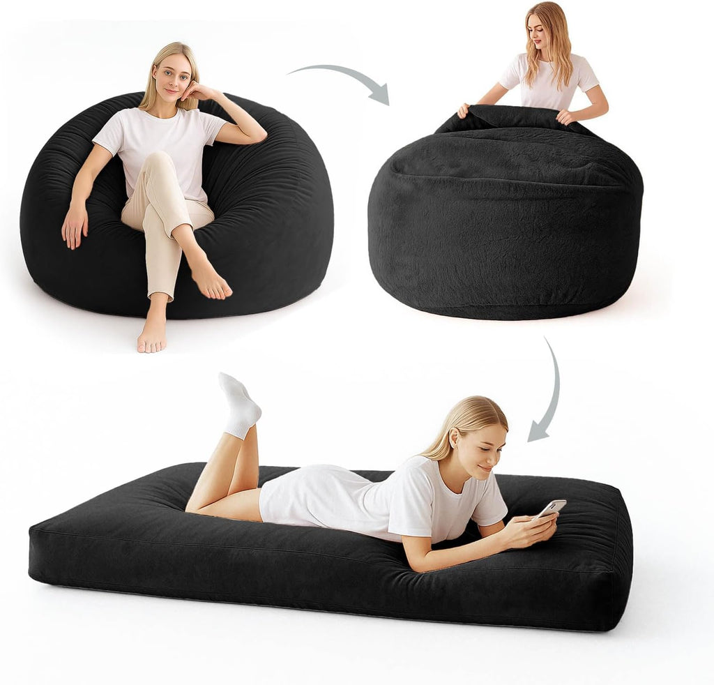 Adult Bean Bag Chair Bed, Bean Bag Sofa with Filling, Memory Foam, Comfortable Floor Sofa Bed, Boneless Floor Chair, Suitable for Living Room Bedroom Dormitory Balcony Lounge (Black, Chair Bed)