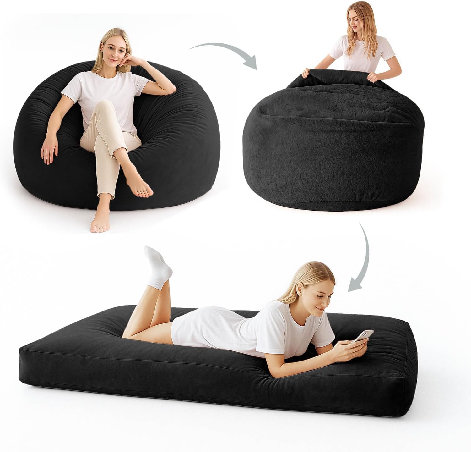 Adult Bean Bag Chair Bed, Bean Bag Sofa with Filling, Memory Foam, Comfortable Floor Sofa Bed, Boneless Floor Chair, Suitable for Living Room Bedroom Dormitory Balcony Lounge (Black, Chair Bed)