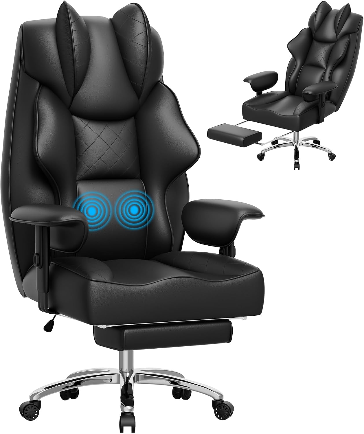 Homall Big and Tall Massage Office Chair,Reclining High Back Ergonomic Home Office Desk Chair with Adjustable Padded Armrest and Foot Rest (Leather, Black)