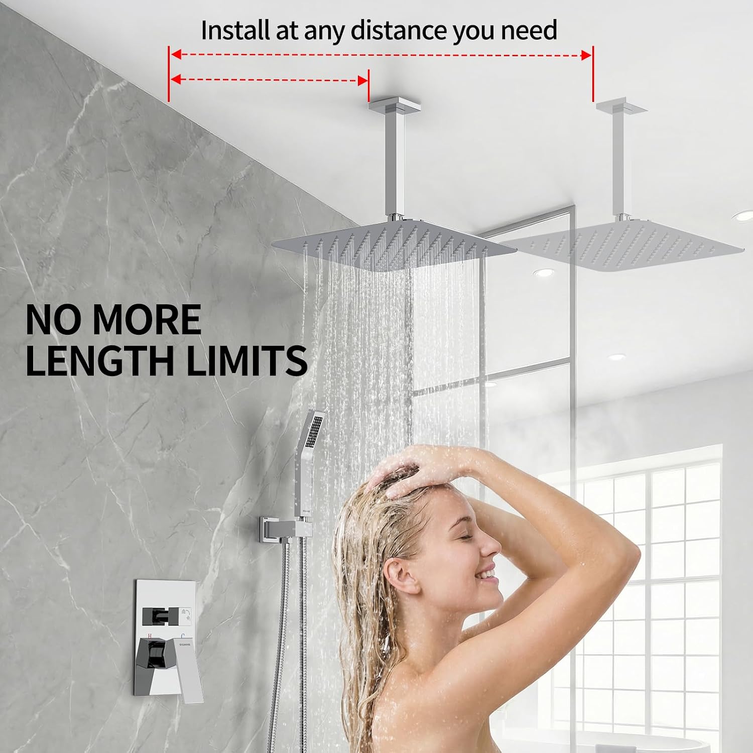 SR SUN RISE 12 Inch Ceiling Mounted Shower System Rain Mixer Combo Set Rainfall Shower Head System Faucet Trim Repair Kits Polished Chrome Rough-in Valve Body and Trim Included