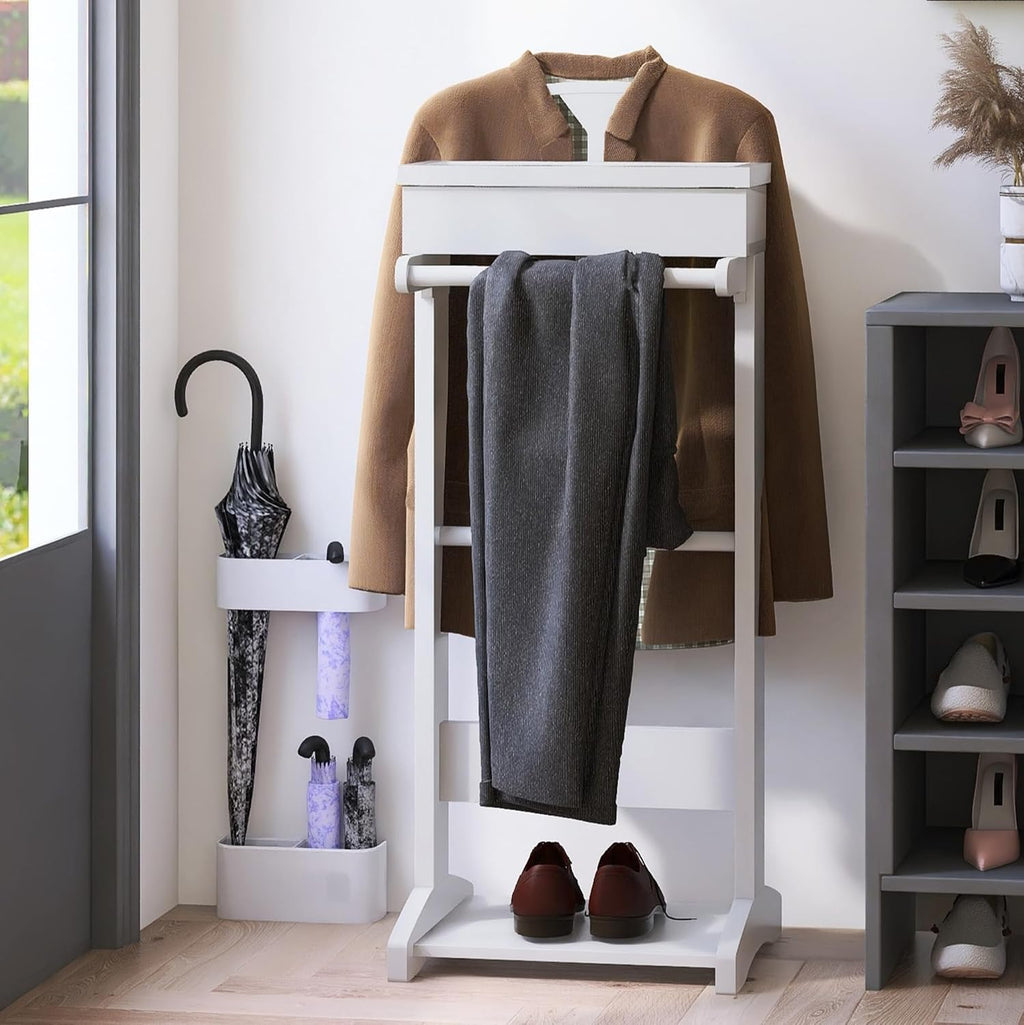 Wooden Valet Stand for Men, Clothing Valet Stand with Tray Organizer, shoe shelf and Hanging Suit, Freestanding Portable Coat Rack for Entryway, Bedroom, Office (White)