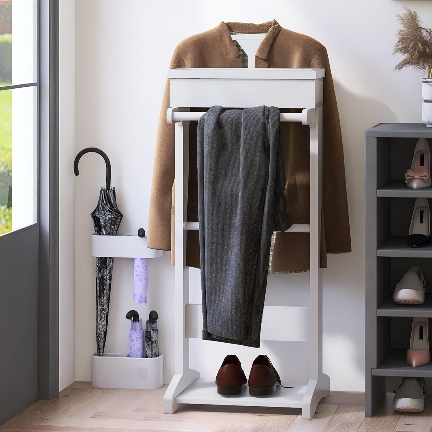 Wooden Valet Stand for Men, Clothing Valet Stand with Tray Organizer, shoe shelf and Hanging Suit, Freestanding Portable Coat Rack for Entryway, Bedroom, Office (White)