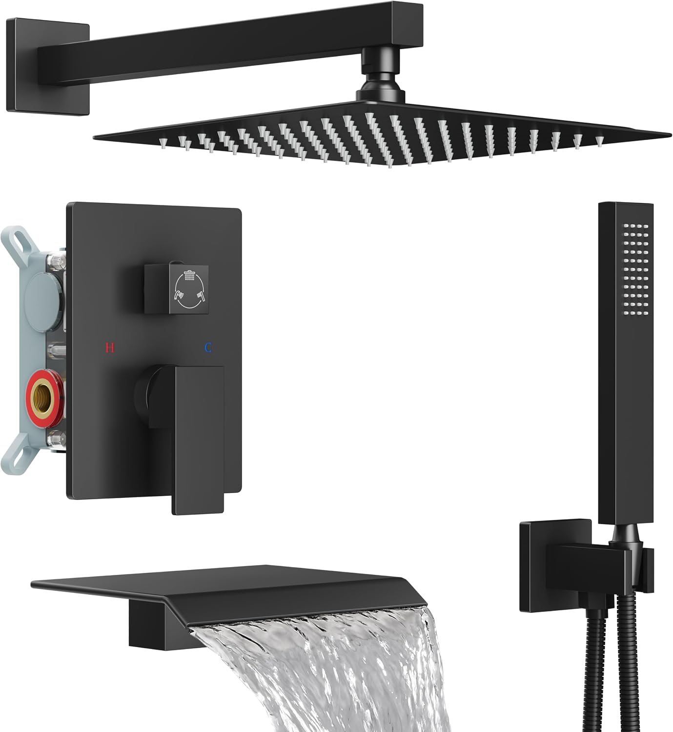 Midanya Shower System with Tub Spout,Bathtub Shower Faucet Set with Square Rainfall Head and Handheld Sprayer Wall Mount Tub Faucet Set with Valve and Trim Kit,10 Inch Matte Black