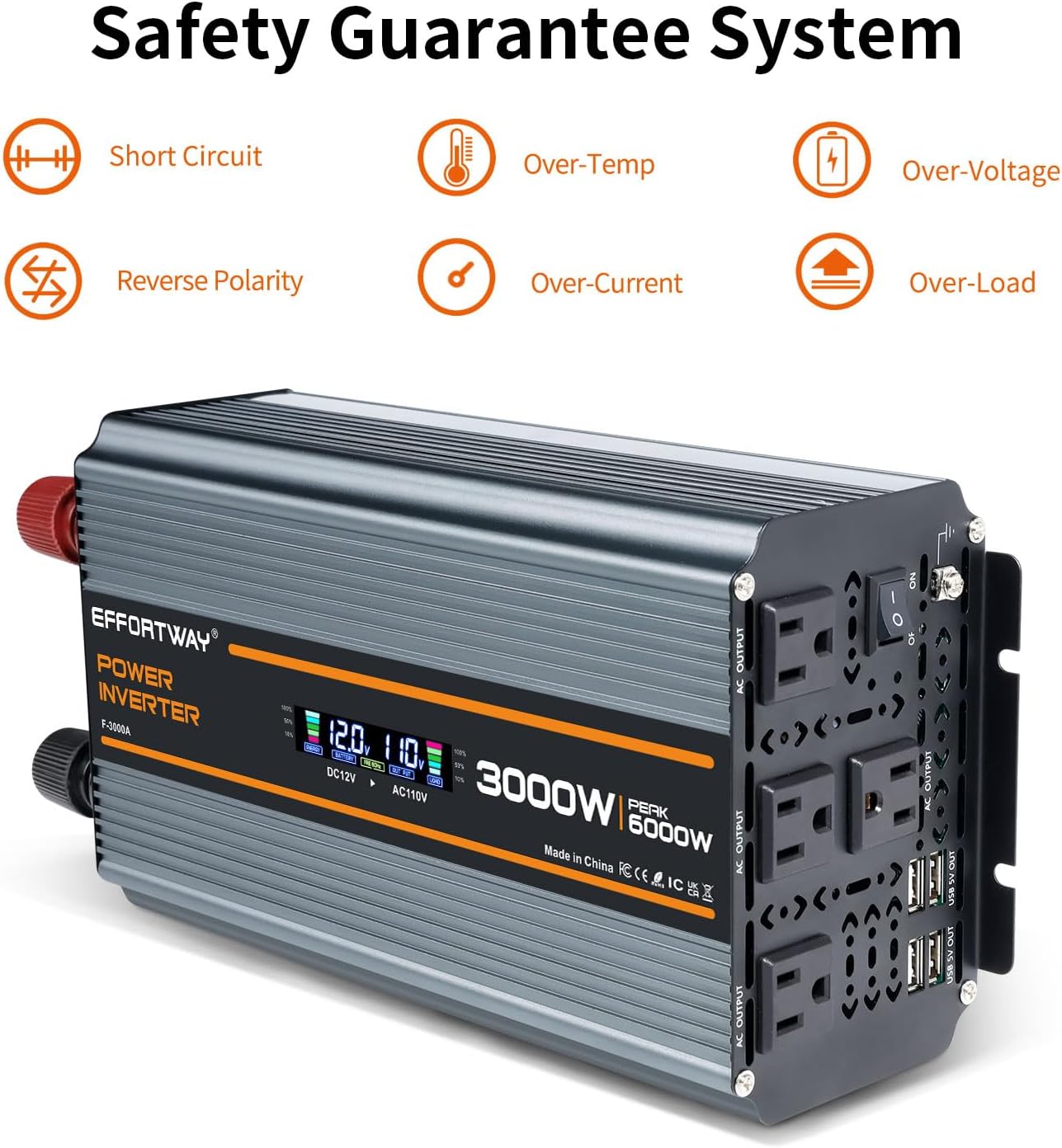 3000 watt Power Inverter DC 12V to AC 110V/120V Converter,6000w Peak.Comes with LCD Display,Wireless Controller,4AC outlets,4 USB.RV Inverter,Suitable for Camping,and Off-Grid Solar Inverter Systems